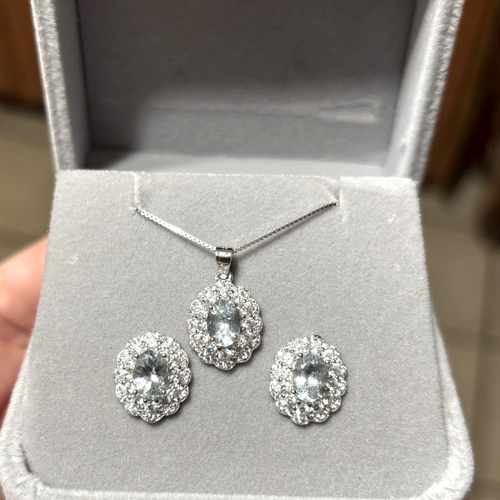Set!!!  Aquamarine Earrings & Pendant Necklace set in SS - Genuine and Stunning!